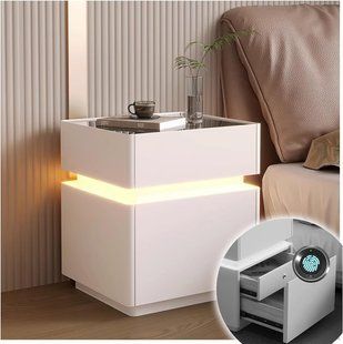 Тумба из экокожи XXF02 с LED подстветкой, сейфом, беспроводная зарядка, Bluetooth-аудио Белая 40х40х51