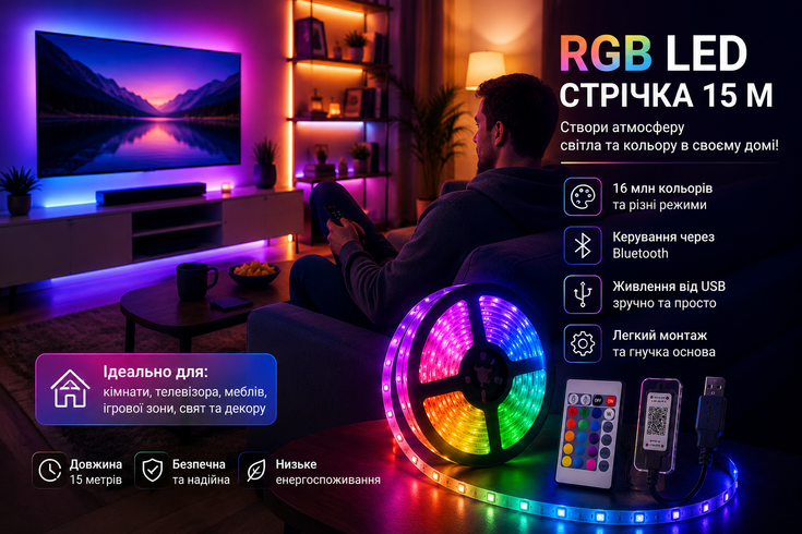 Гнучка світлодіодна стрічка RGB USB 15м / Стрічка на USB на монітор, меблі + пульт / LED стрічка від павербанку