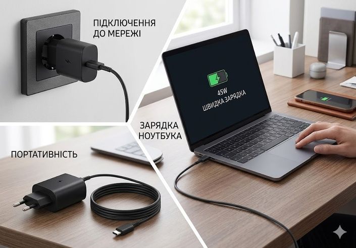 Адаптер USB з кабелем USB-TYPE C 45W Black Edition / Мережний адаптер USB з кабелем / Зарядний пристрій