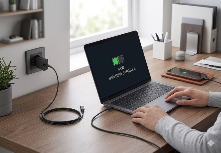 Адаптер USB з кабелем USB-TYPE C 45W Black Edition / Мережний адаптер USB з кабелем / Зарядний пристрій