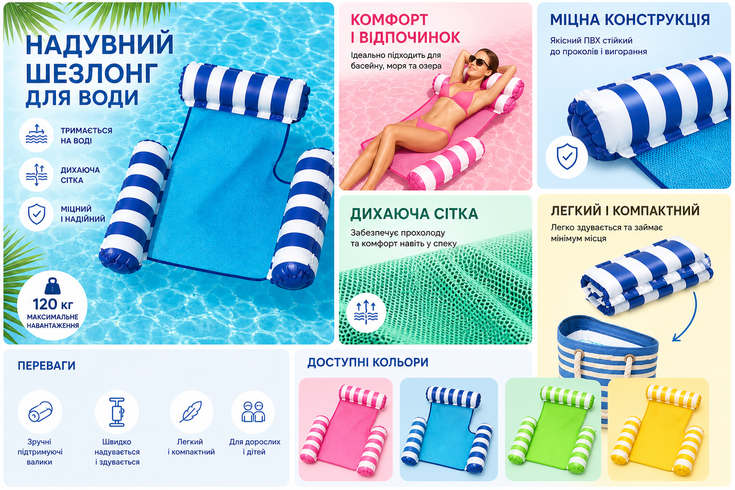 Надувной складной матрас / Пляжный водный гамак / Лежак для бассейна ПВХ