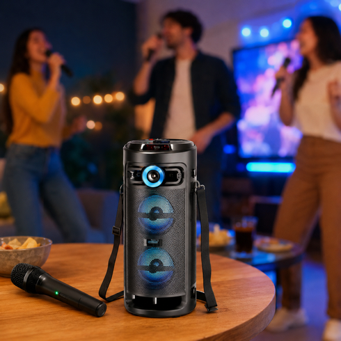 Колонка KTS-2432 Bluetooth / Караоке-система с двумя динамиками и беспроводным микрофоном / Портативная акустика с LED подсветкой