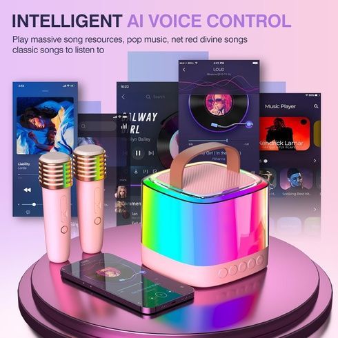Портативна Bluetooth-колонка T7 з LED підсвічуванням / Караоке-колонка для дітей та дорослих 2 мікрофони Рожева